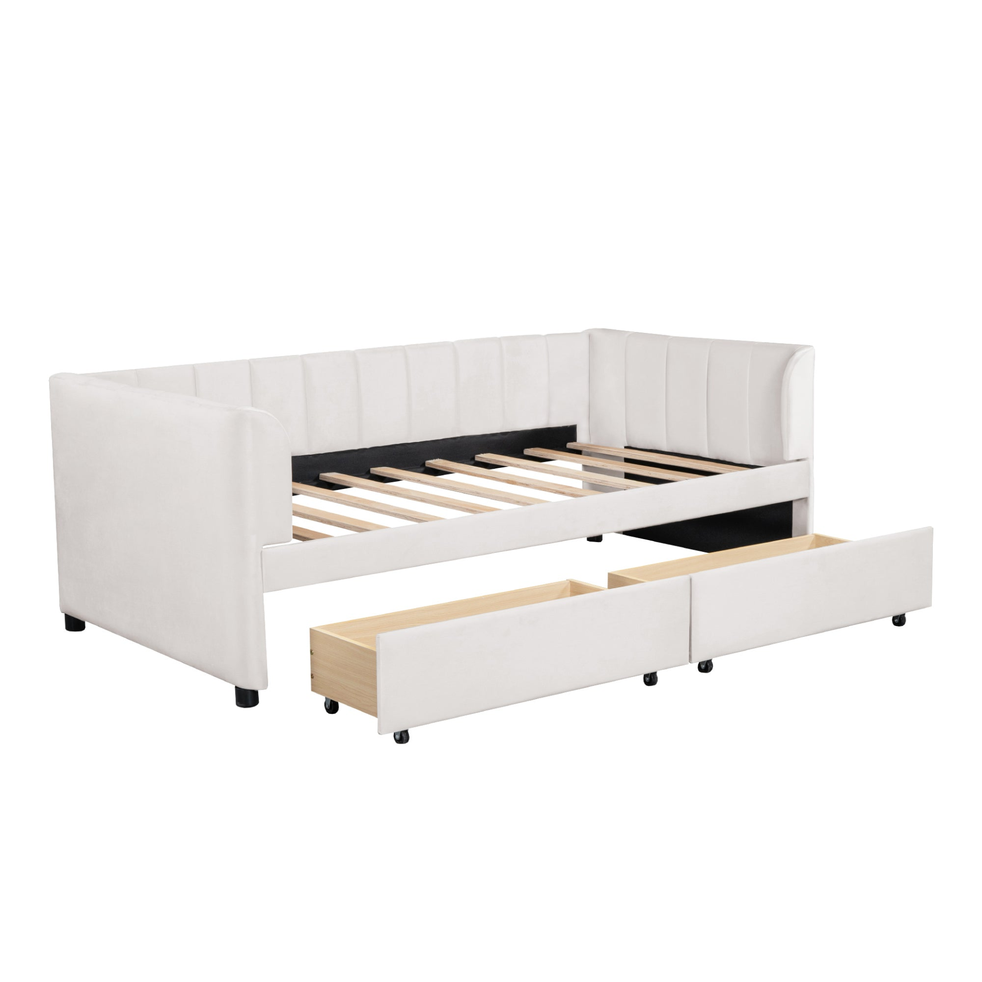 Twin beige and gray velvet daybed with drawers and headboard, ideal for bedroom or guest room furniture by Start2Finish