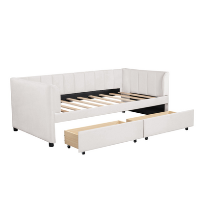 Twin beige and gray velvet daybed with drawers and headboard, ideal for bedroom or guest room furniture by Start2Finish