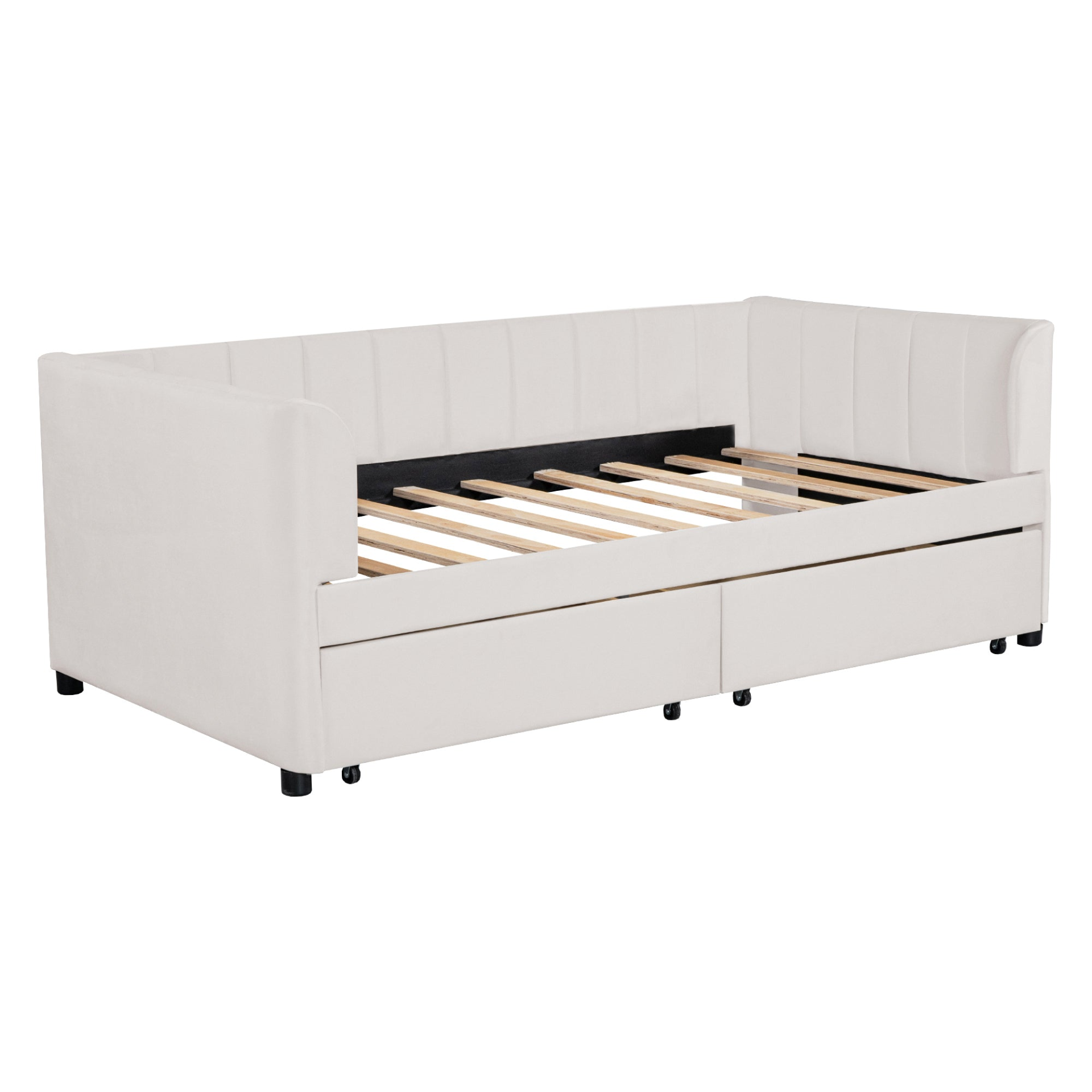 Twin beige and gray velvet daybed with drawers and headboard, upholstered furniture for bedroom and guest room by Start2Finish.