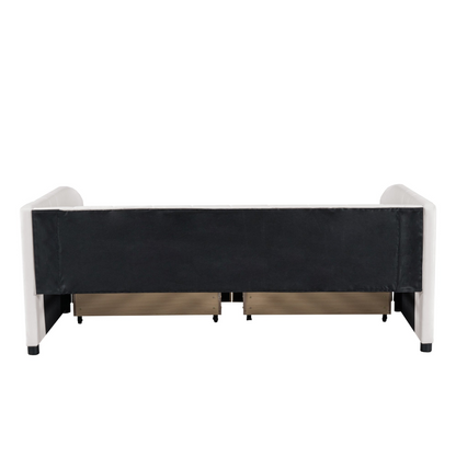 Beige and gray upholstered twin daybed with drawers and headboard, made by Start2Finish, suitable for bedroom or guest room.