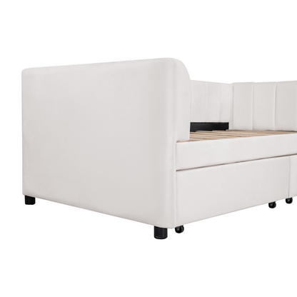 Start2Finish twin beige and gray velvet upholstered daybed with drawers, headboard, ideal for bedroom or guest room furniture.