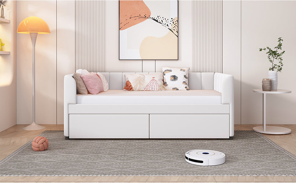 Beige and gray velvet upholstered twin daybed with drawers and headboard, ideal for bedroom or guest room, by Start2Finish.
