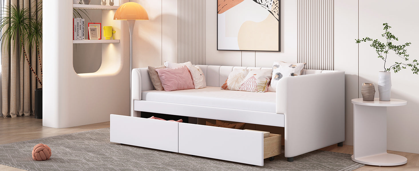 Twin beige and gray velvet upholstered daybed with drawers and headboard, ideal for bedroom or guest room furniture.