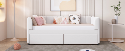 Twin beige and gray velvet daybed with drawers and headboard, perfect for bedroom or guest room furniture by Start2Finish.