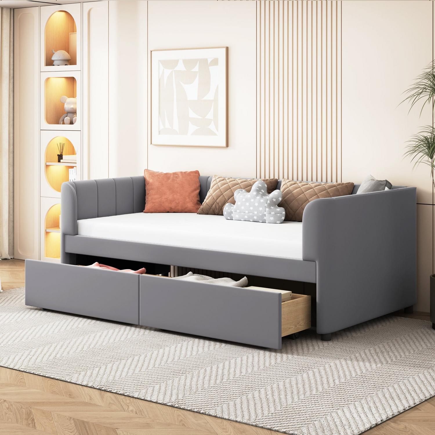 Twin beige and gray velvet daybed with storage drawers and headboard, upholstered furniture for bedroom or guest room.
