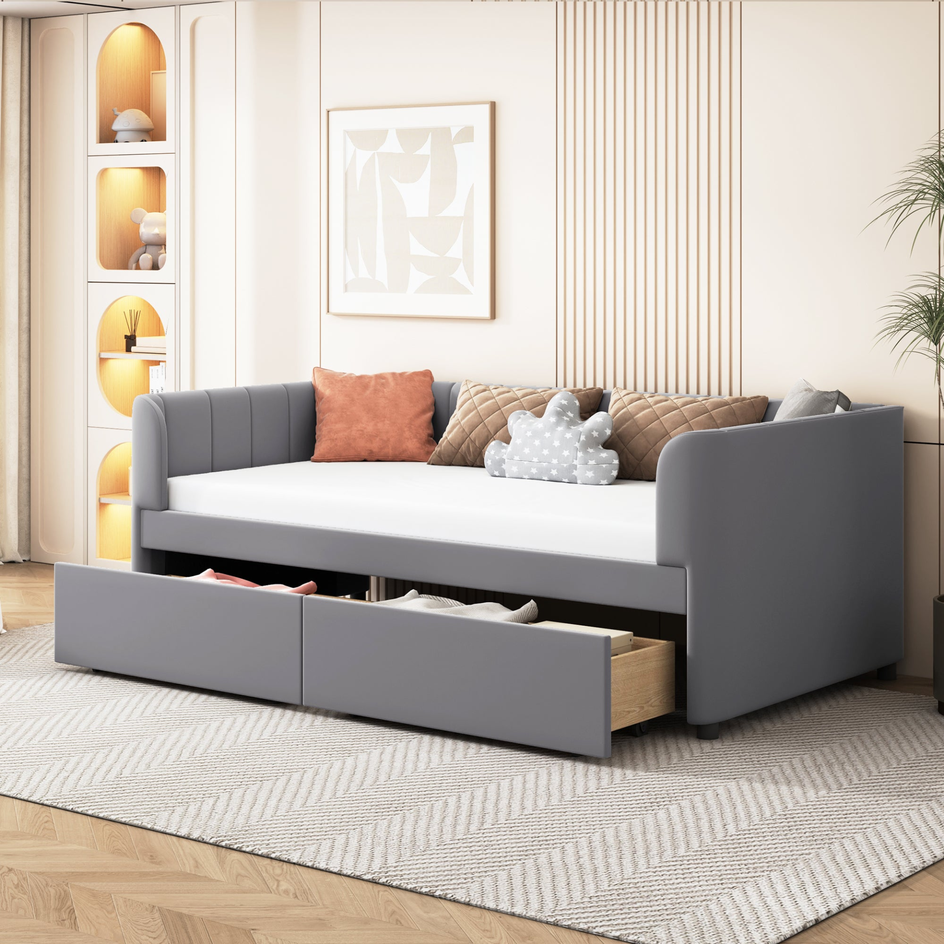 Twin beige and gray velvet daybed with storage drawers and headboard, upholstered furniture for bedroom or guest room.