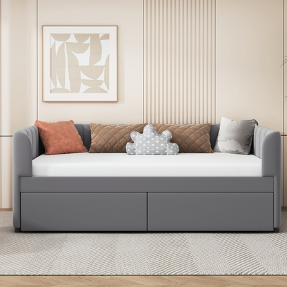 Beige and gray velvet upholstered twin daybed with drawers and headboard, ideal for bedroom or guest room furniture by Start2Finish.