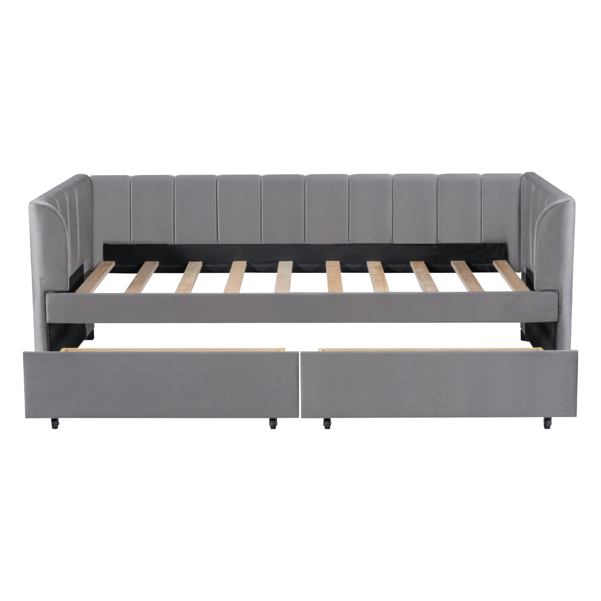 Twin beige and gray velvet daybed with drawers and headboard, ideal for bedroom or guest room furniture by Start2Finish