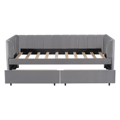 Twin beige and gray velvet daybed with drawers and headboard, ideal for bedroom or guest room furniture by Start2Finish