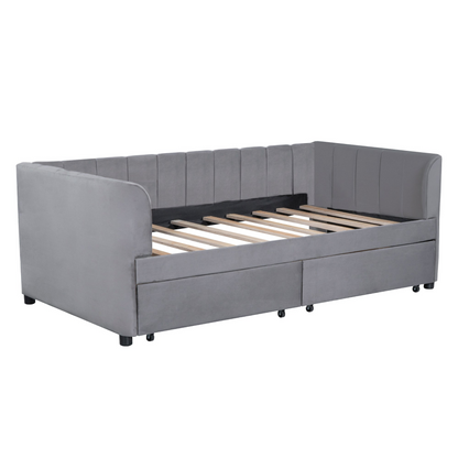 Start2Finish twin beige and gray velvet upholstered daybed with drawers, headboard, ideal for bedroom or guest room.