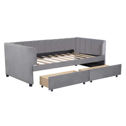Twin beige and gray velvet upholstered daybed with drawers and headboard, ideal for bedroom or guest room furniture.