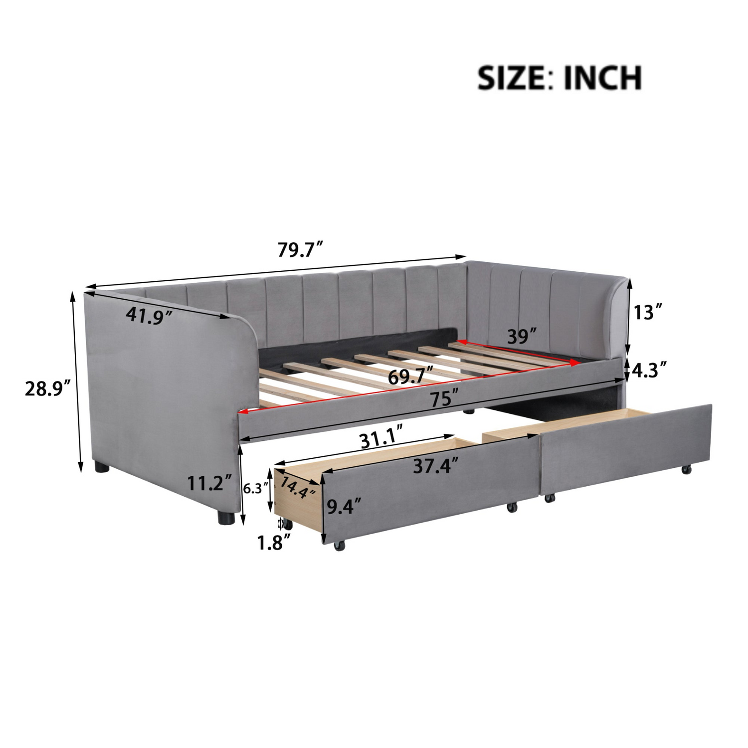 Twin beige and gray velvet daybed with storage drawers and headboard, ideal for bedroom or guest room, by Start2Finish furniture.