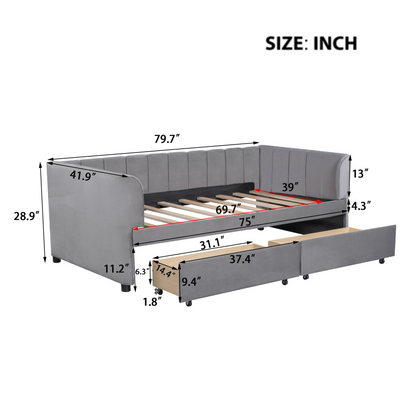 Twin beige and gray velvet daybed with storage drawers and headboard, ideal for bedroom or guest room, by Start2Finish furniture.