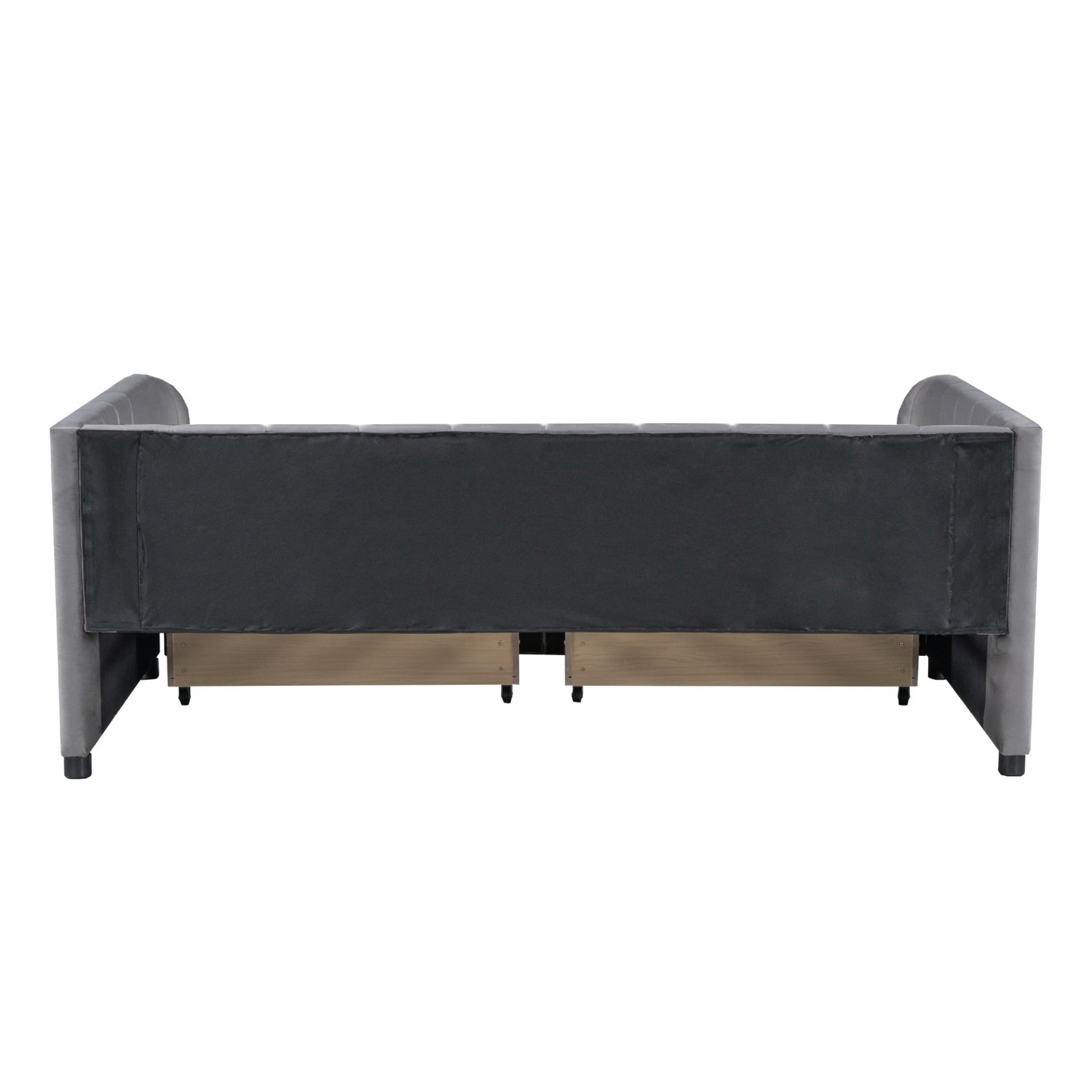 Twin beige and gray velvet daybed with upholstered headboard and built-in drawers, ideal for bedroom or guest room furniture.