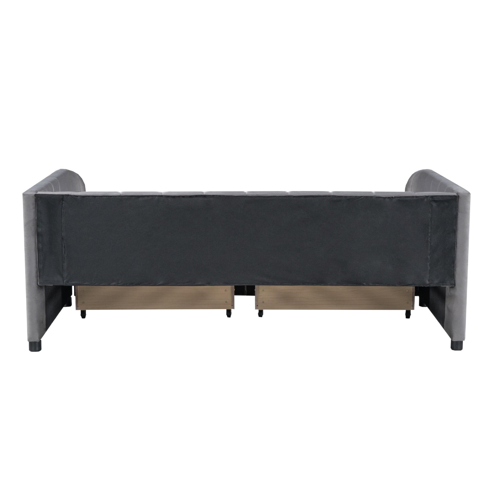 Twin beige and gray velvet daybed with upholstered headboard and built-in drawers, ideal for bedroom or guest room furniture.