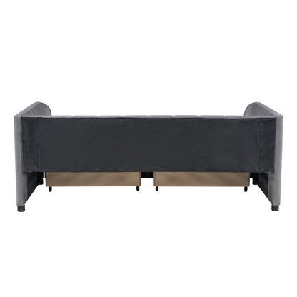 Twin beige and gray velvet daybed with upholstered headboard and built-in drawers, ideal for bedroom or guest room furniture.