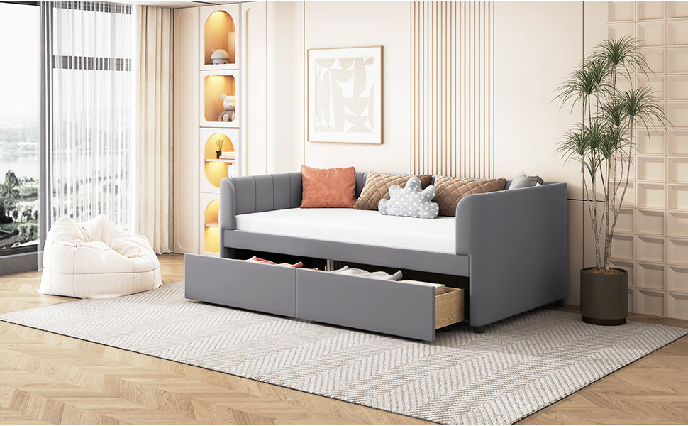 Twin beige and gray velvet upholstered daybed with drawers and headboard, ideal for bedroom or guest room furniture by Start2Finish.