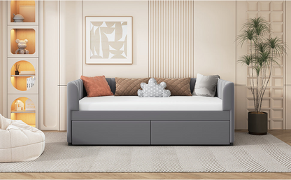 Twin beige and gray velvet daybed with drawers and headboard, ideal for bedroom or guest room, from Start2Finish furniture collection.