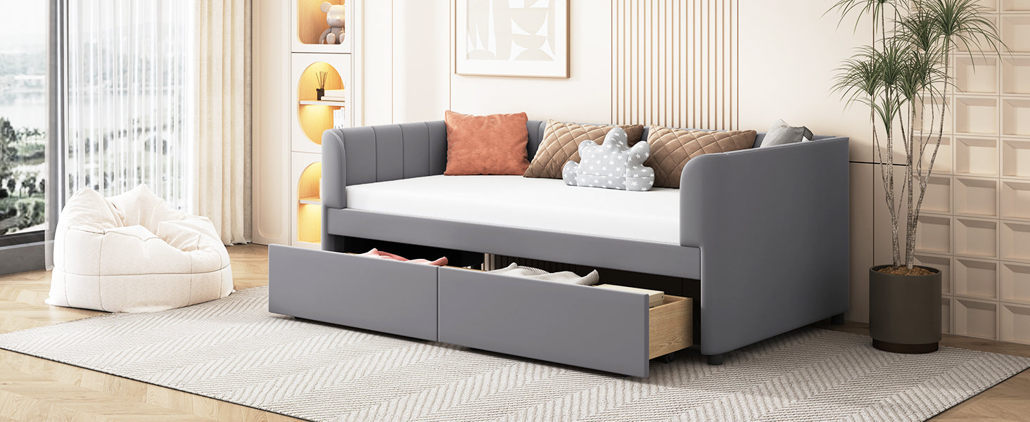 Twin beige and gray velvet daybed with drawers and headboard, ideal for bedrooms and guest rooms, by Start2Finish furniture.