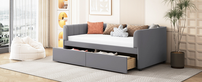 Twin beige and gray velvet daybed with drawers and headboard, ideal for bedrooms and guest rooms, by Start2Finish furniture.