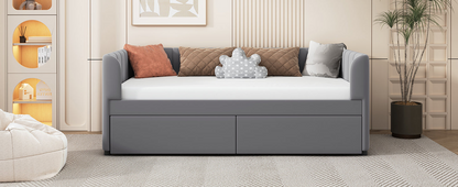 Start2Finish twin beige and gray velvet daybed with drawers, upholstered headboard, ideal for bedroom or guest room decor.