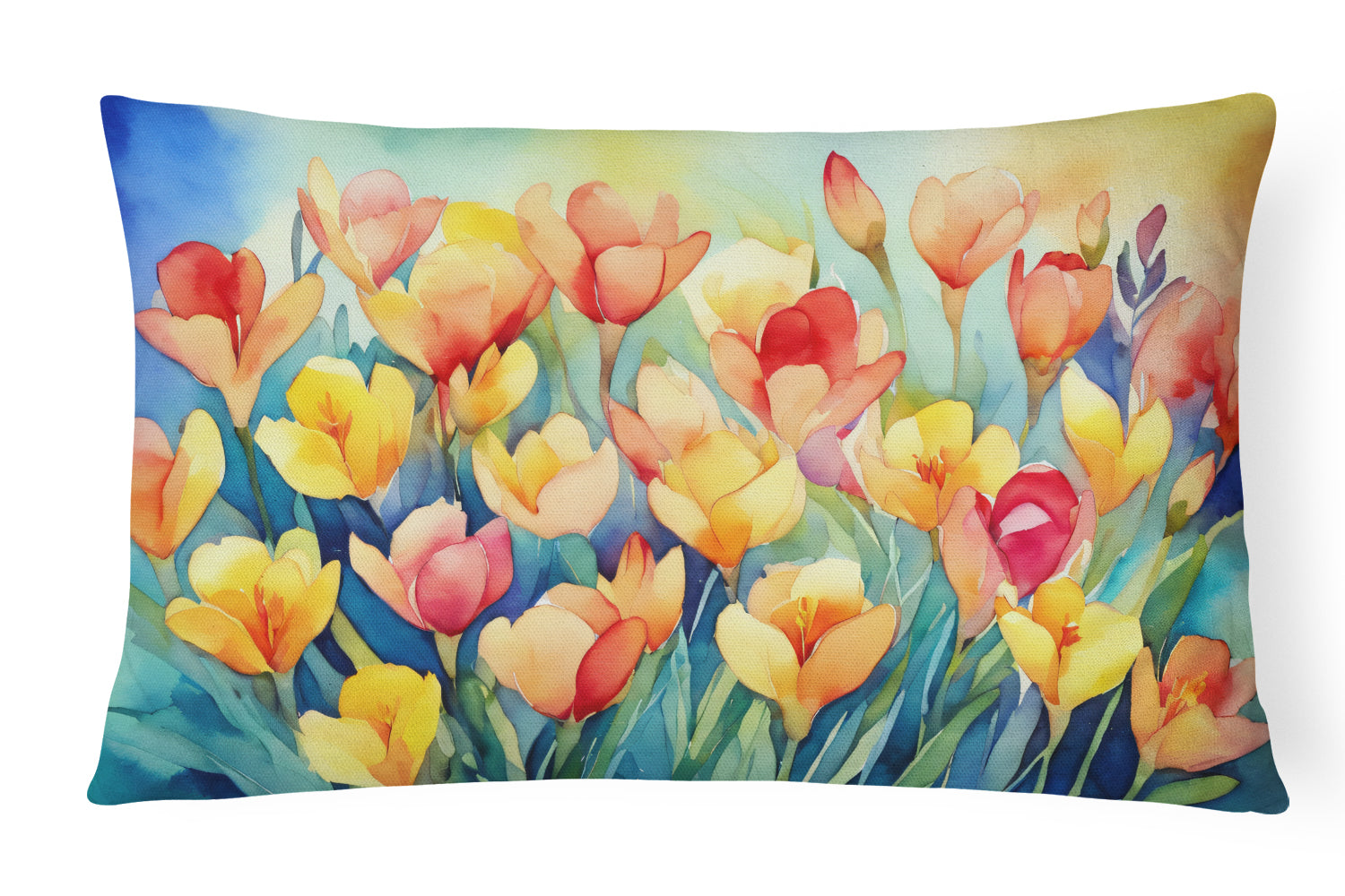 Freesias watercolor throw pillow featuring vibrant floral design, decorative home cushion by Start2Finish.