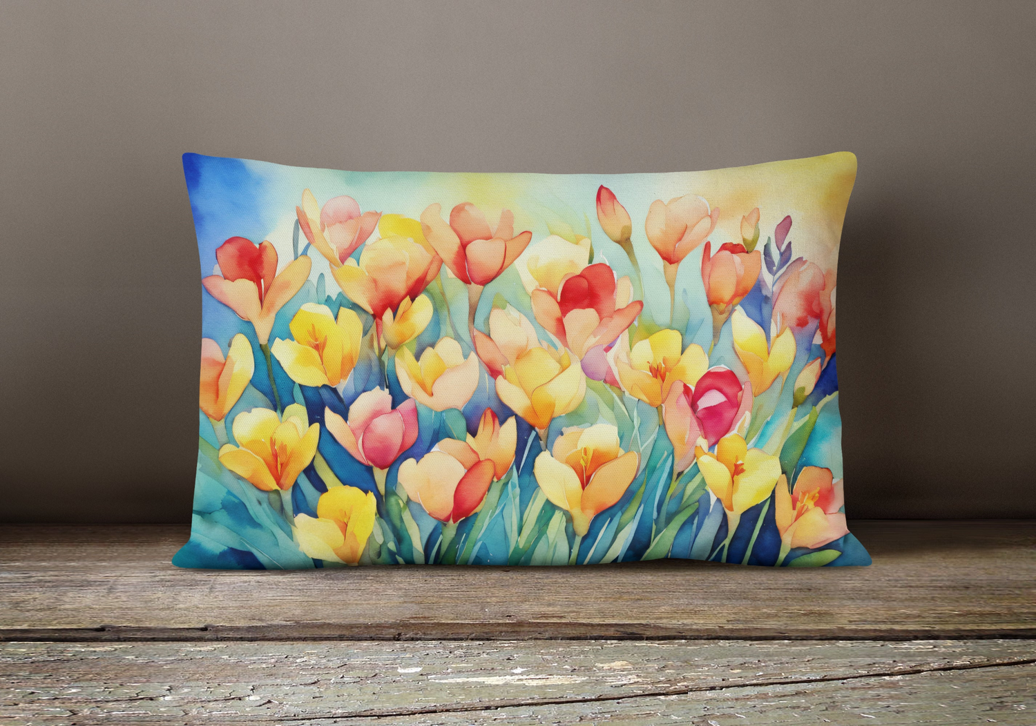 Freesias watercolor throw pillow featuring vibrant floral design, perfect for home decor, by Start2Finish.