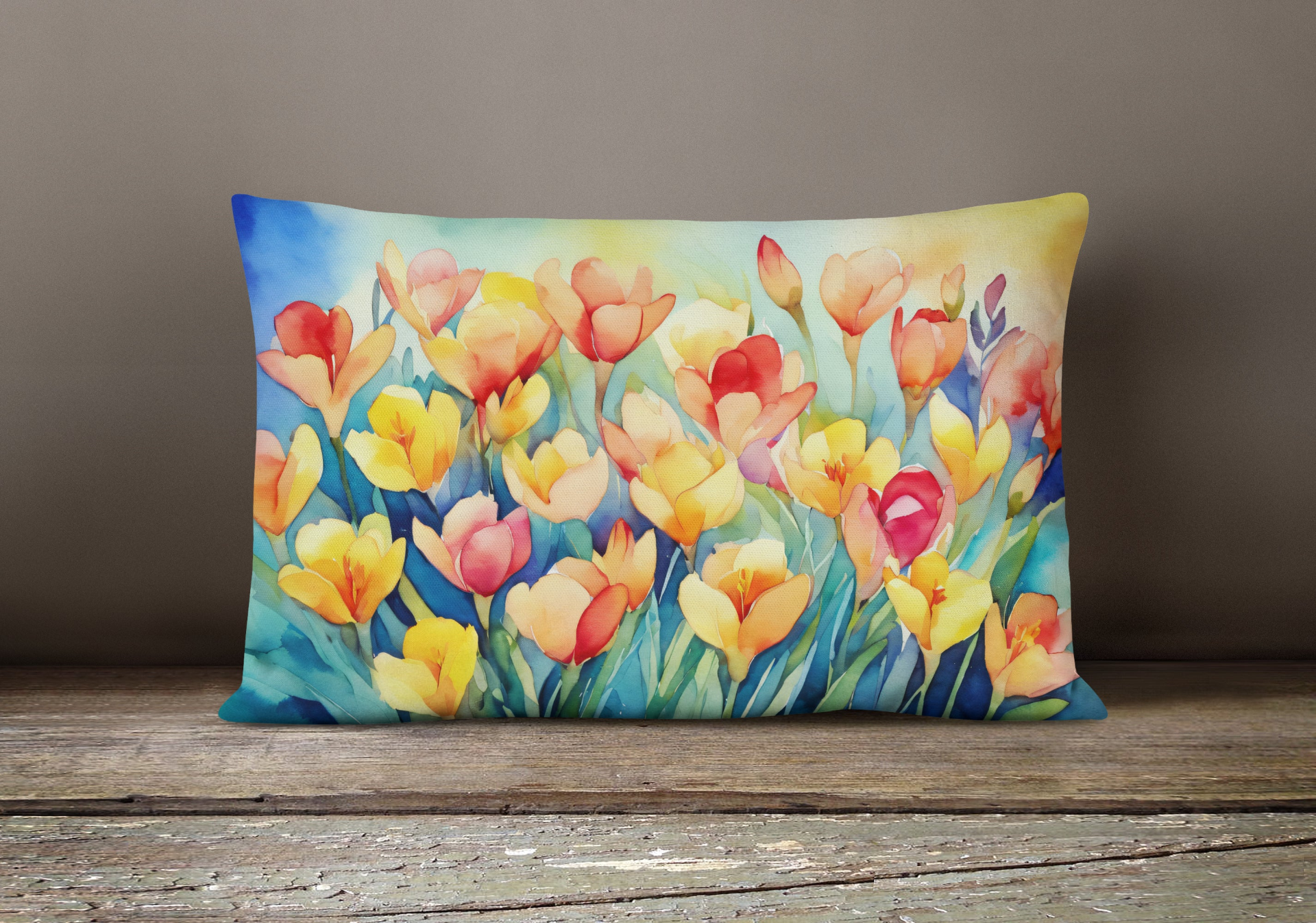Freesias watercolor throw pillow featuring vibrant floral design, perfect for home decor, by Start2Finish.