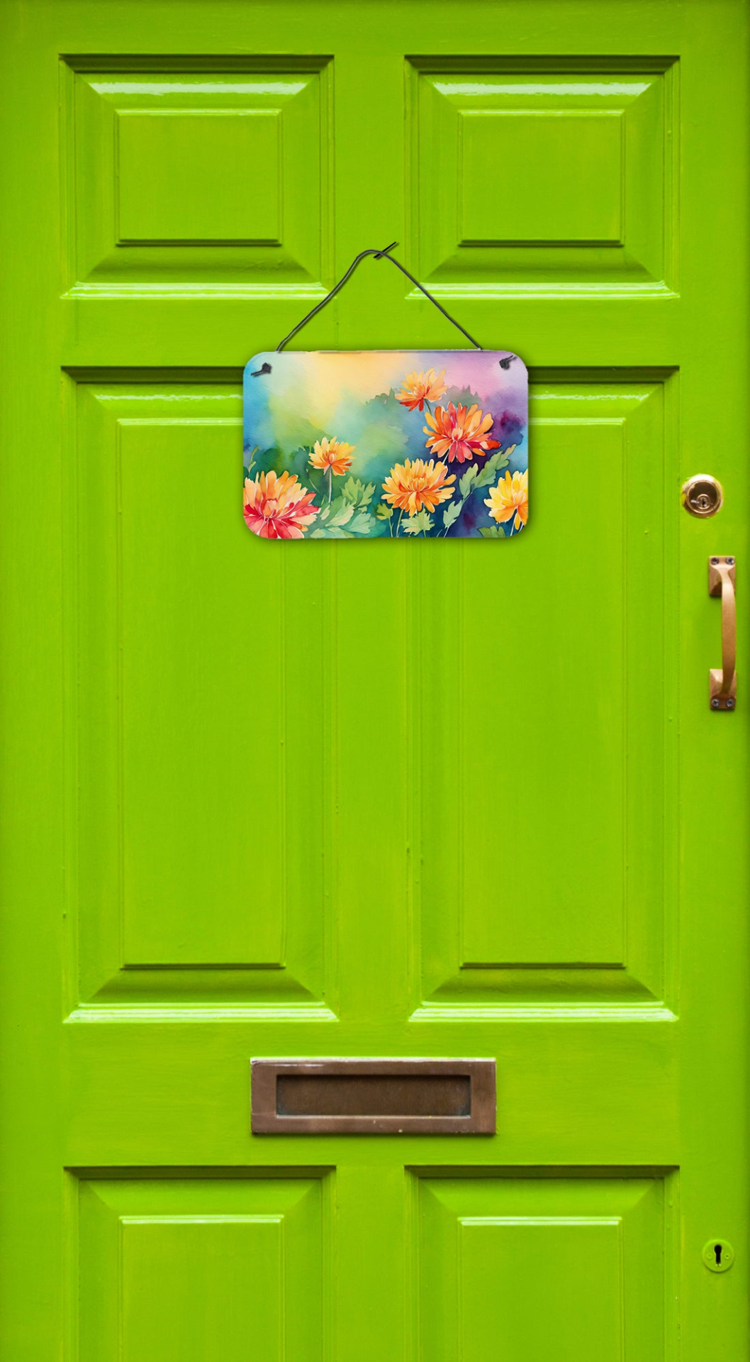 Watercolor chrysanthemum wall or door hanging print by Start2Finish, vibrant floral home decor art piece.