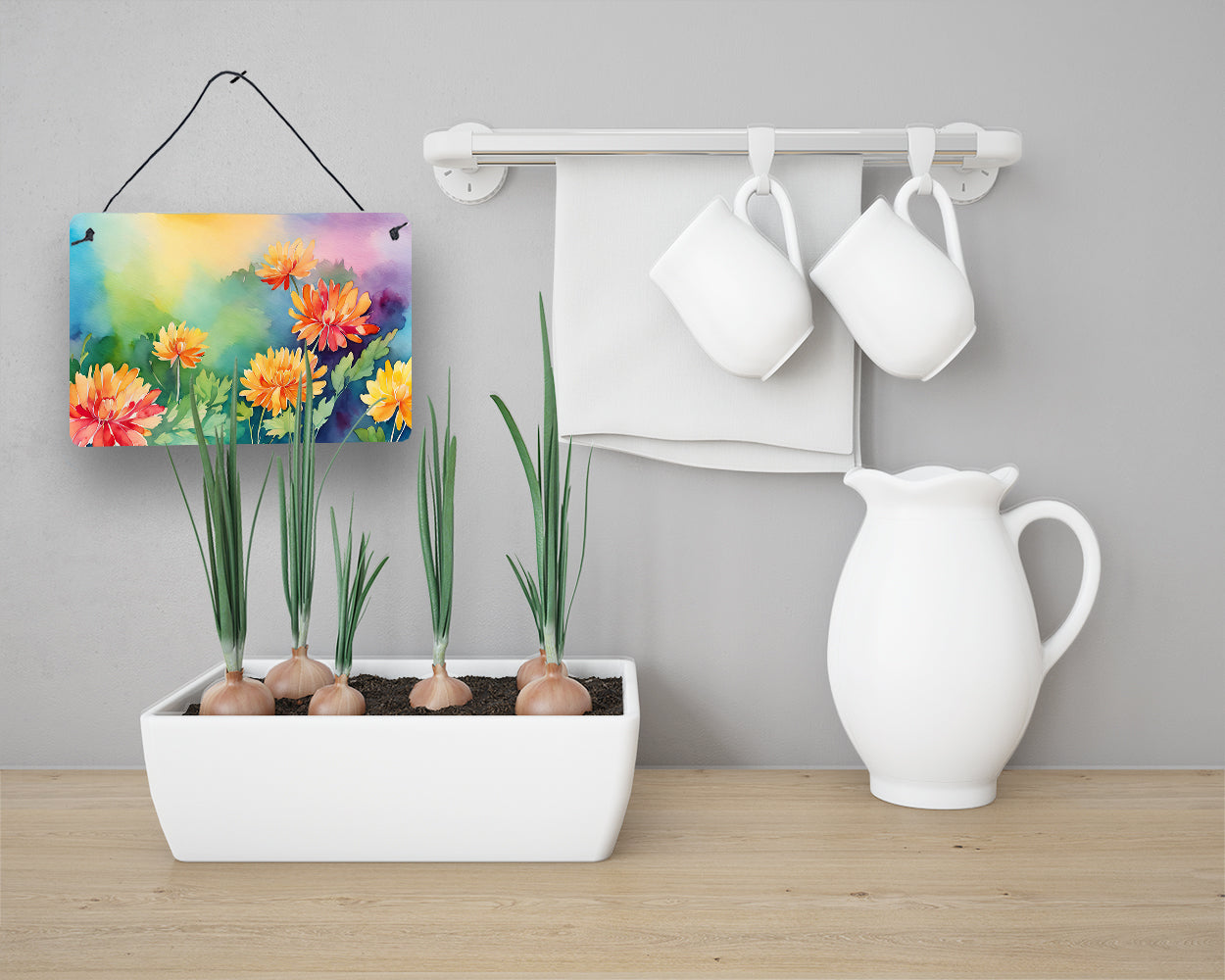 Watercolor chrysanthemum floral wall or door hanging print by Start2Finish, showcasing vibrant watercolor chrysanthemums.