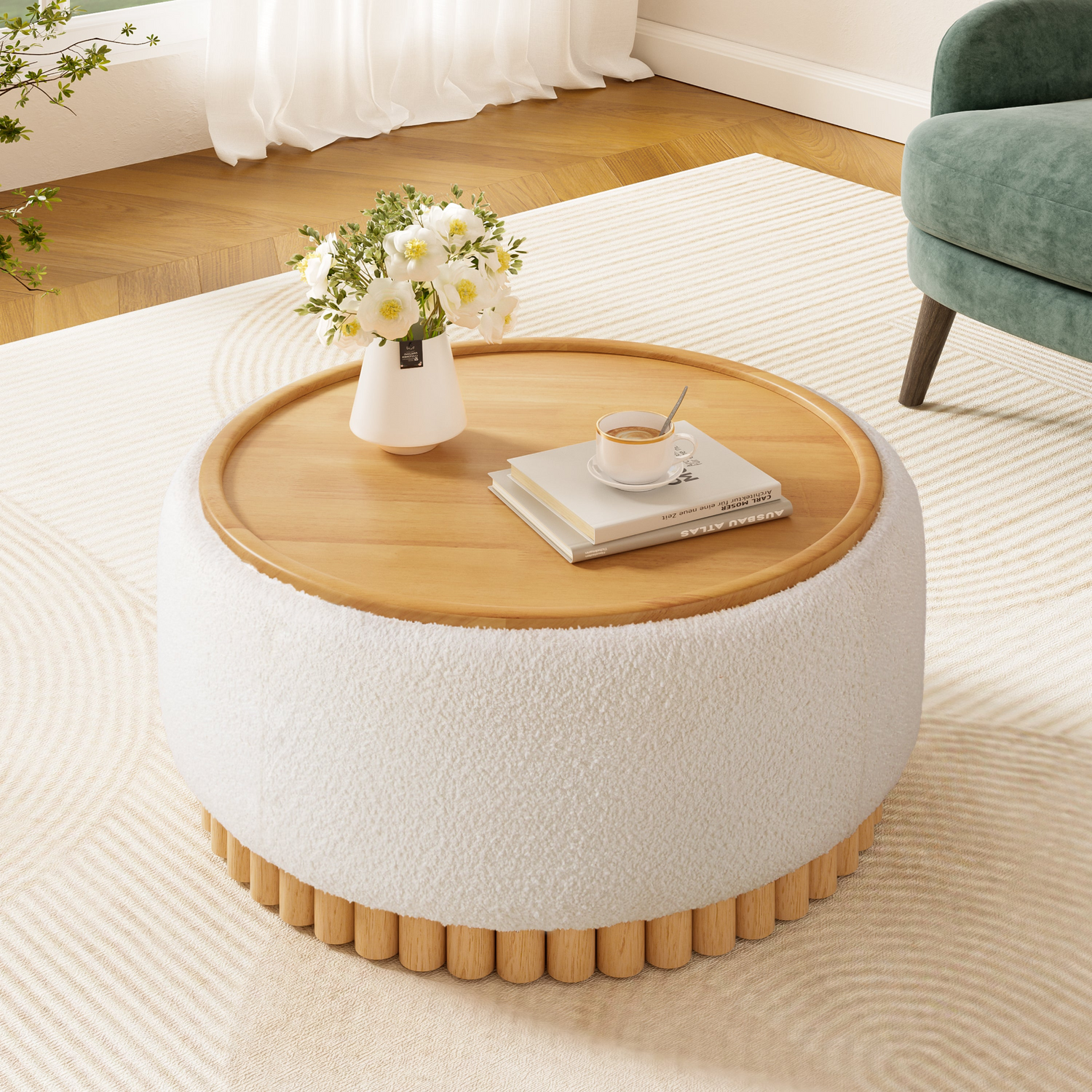 Wood and fabric upholstered ottoman with built-in storage, ideal for living room and lounge spaces, by Start2Finish.