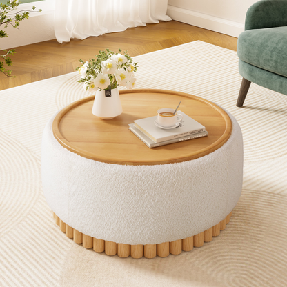 Wood and fabric upholstered ottoman with built-in storage, ideal for living room and lounge spaces, by Start2Finish.