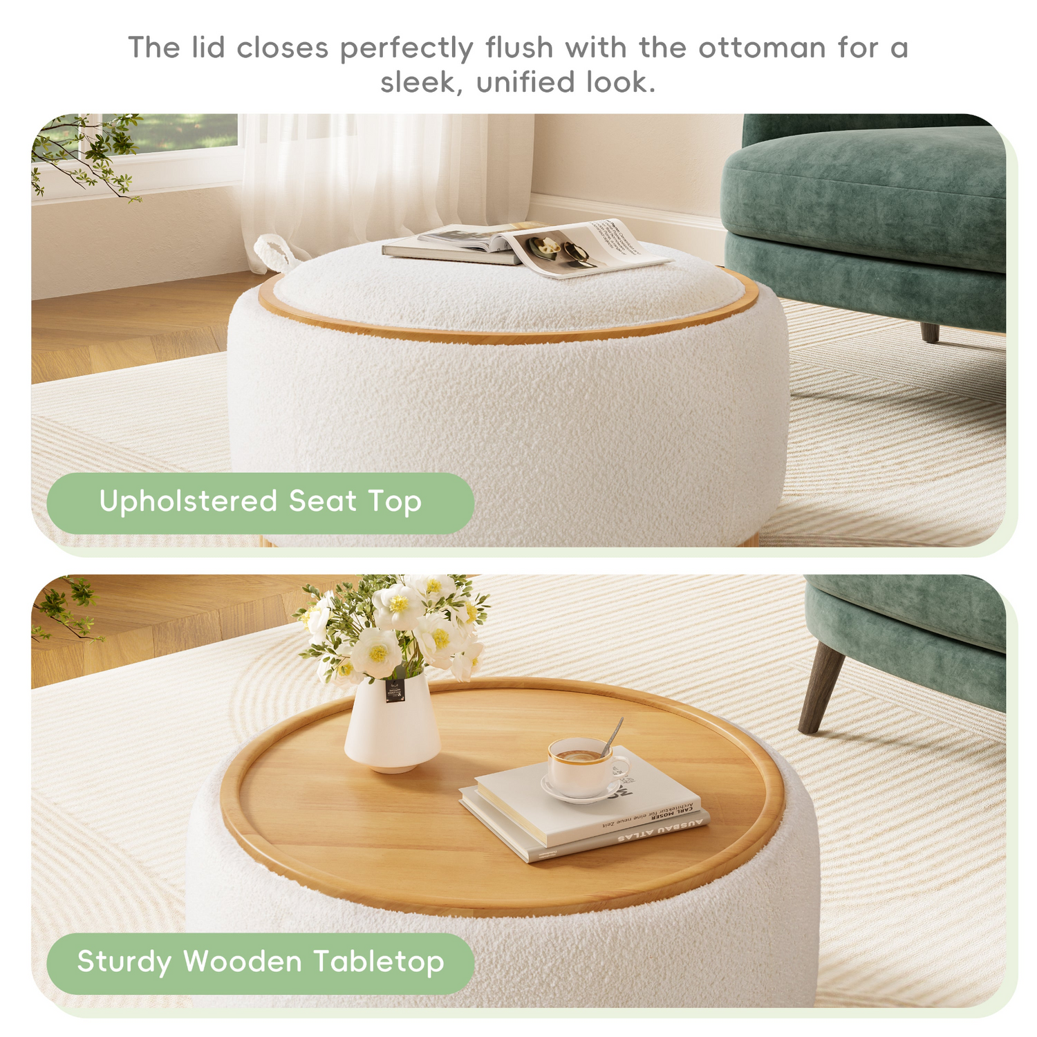 Start2Finish wooden and fabric upholstered ottoman with storage, ideal for living room and lounge furniture.