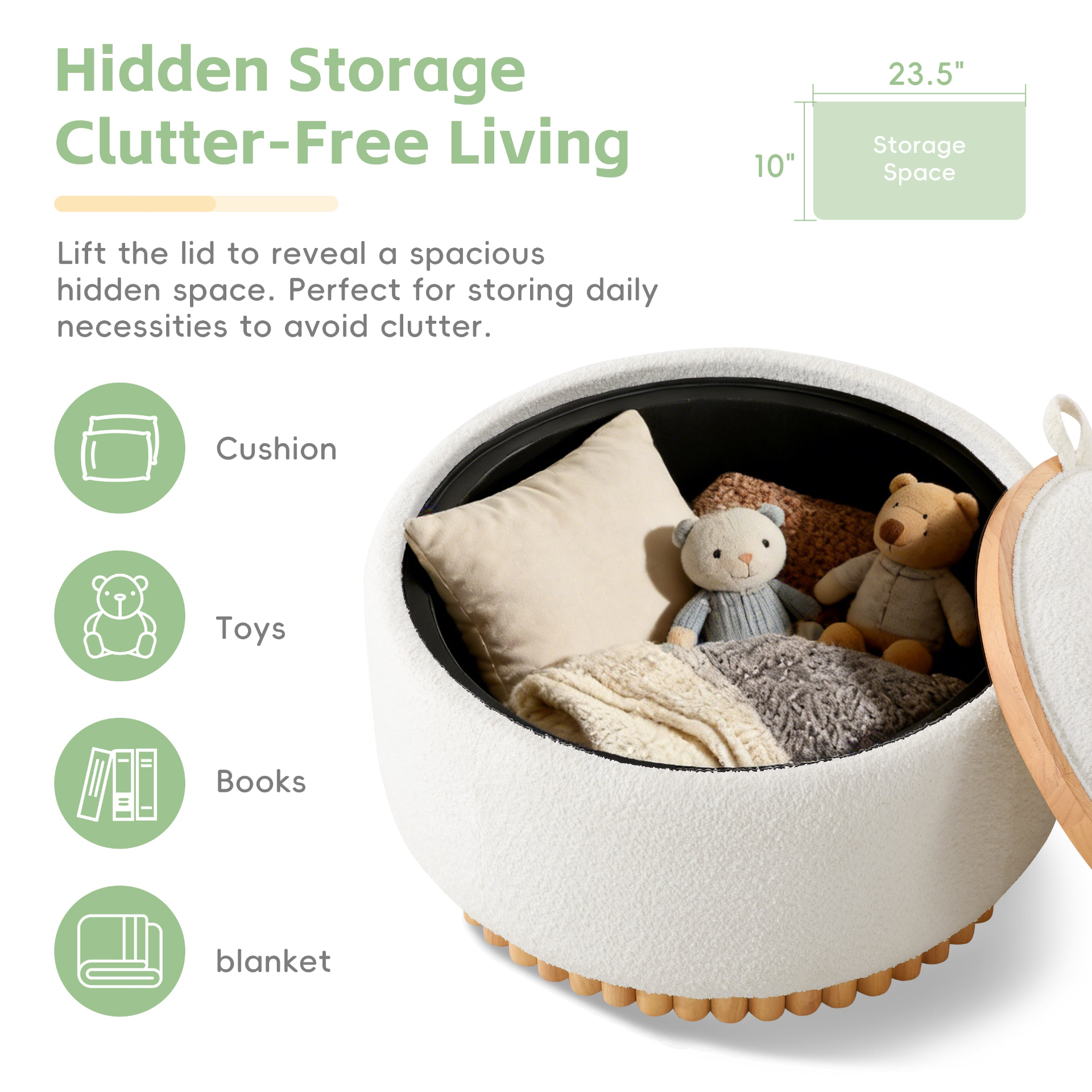 Start2Finish wooden and fabric upholstered ottoman with storage for living room and lounge, showcasing its sturdy design and soft cushioning.