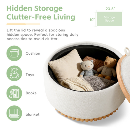 Start2Finish wooden and fabric upholstered ottoman with storage for living room and lounge, showcasing its sturdy design and soft cushioning.