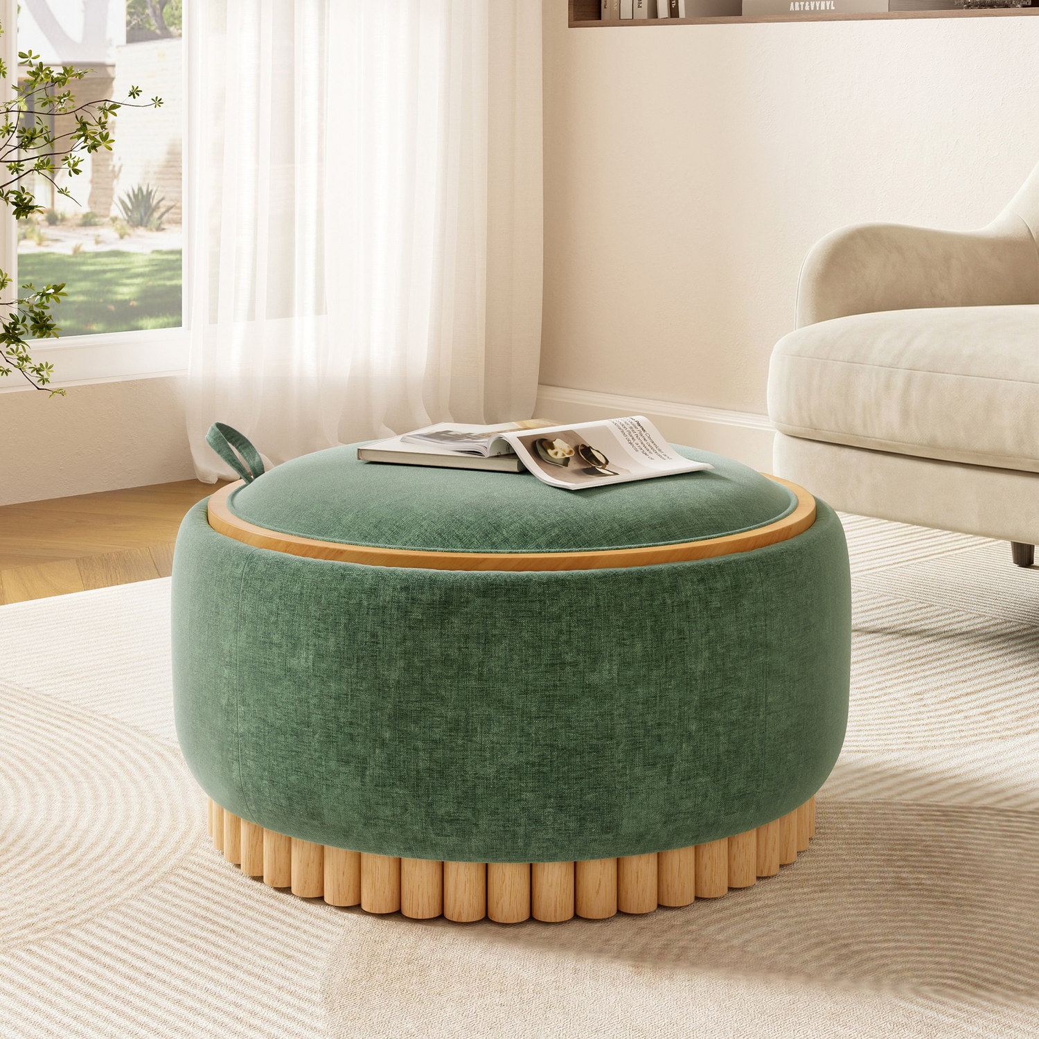 Start2Finish ottoman with wood frame and fabric upholstery, featuring built-in storage for living room and lounge spaces.