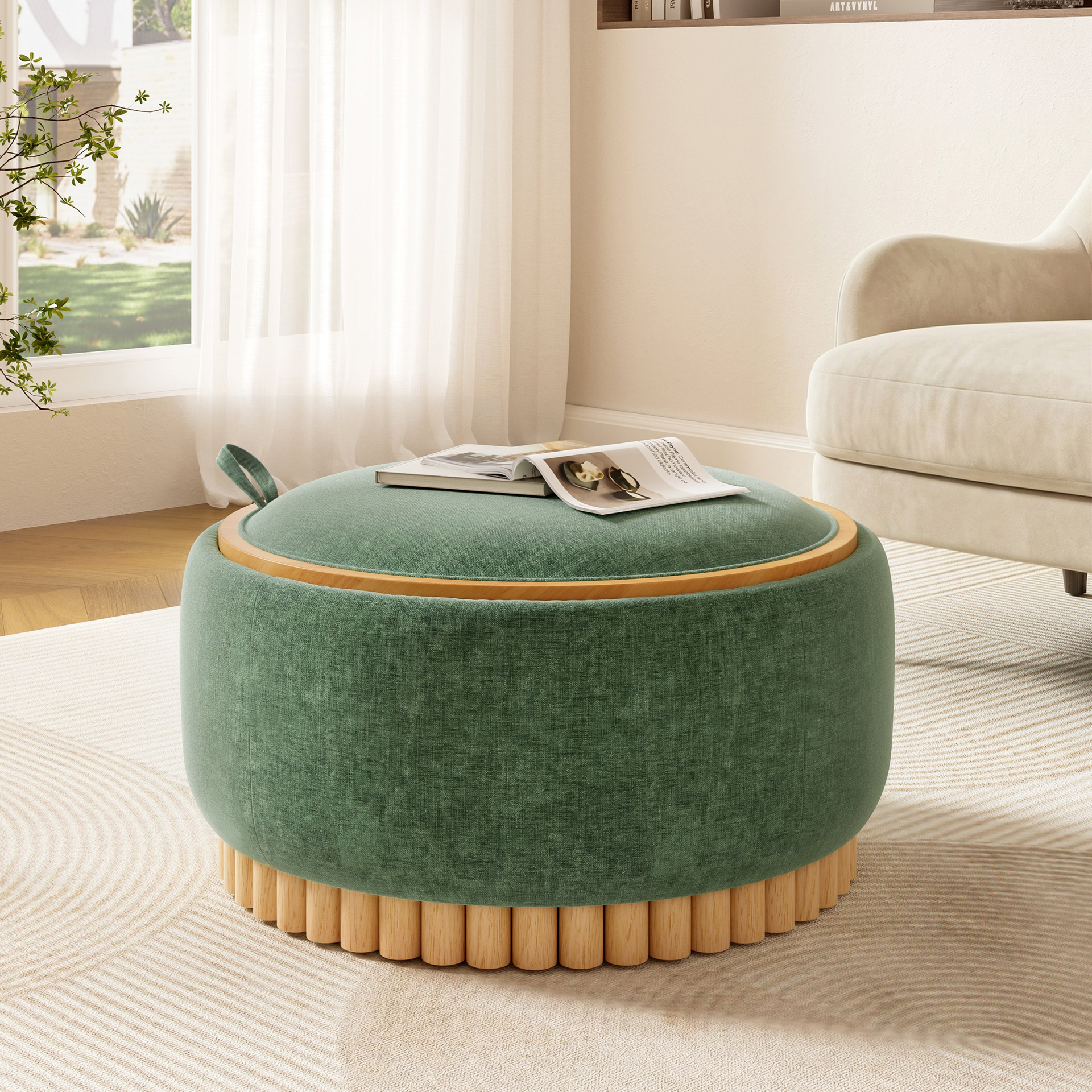 Start2Finish ottoman with wood frame and fabric upholstery, featuring built-in storage for living room and lounge spaces.