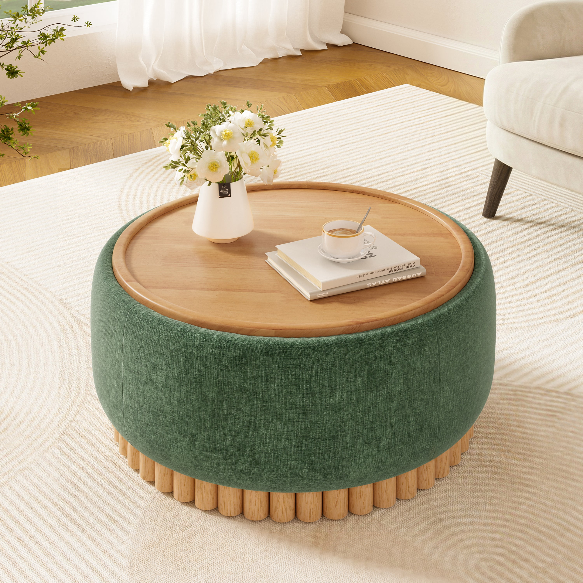 Wood and fabric upholstered ottoman with storage, ideal for living room and lounge spaces, by Start2Finish.
