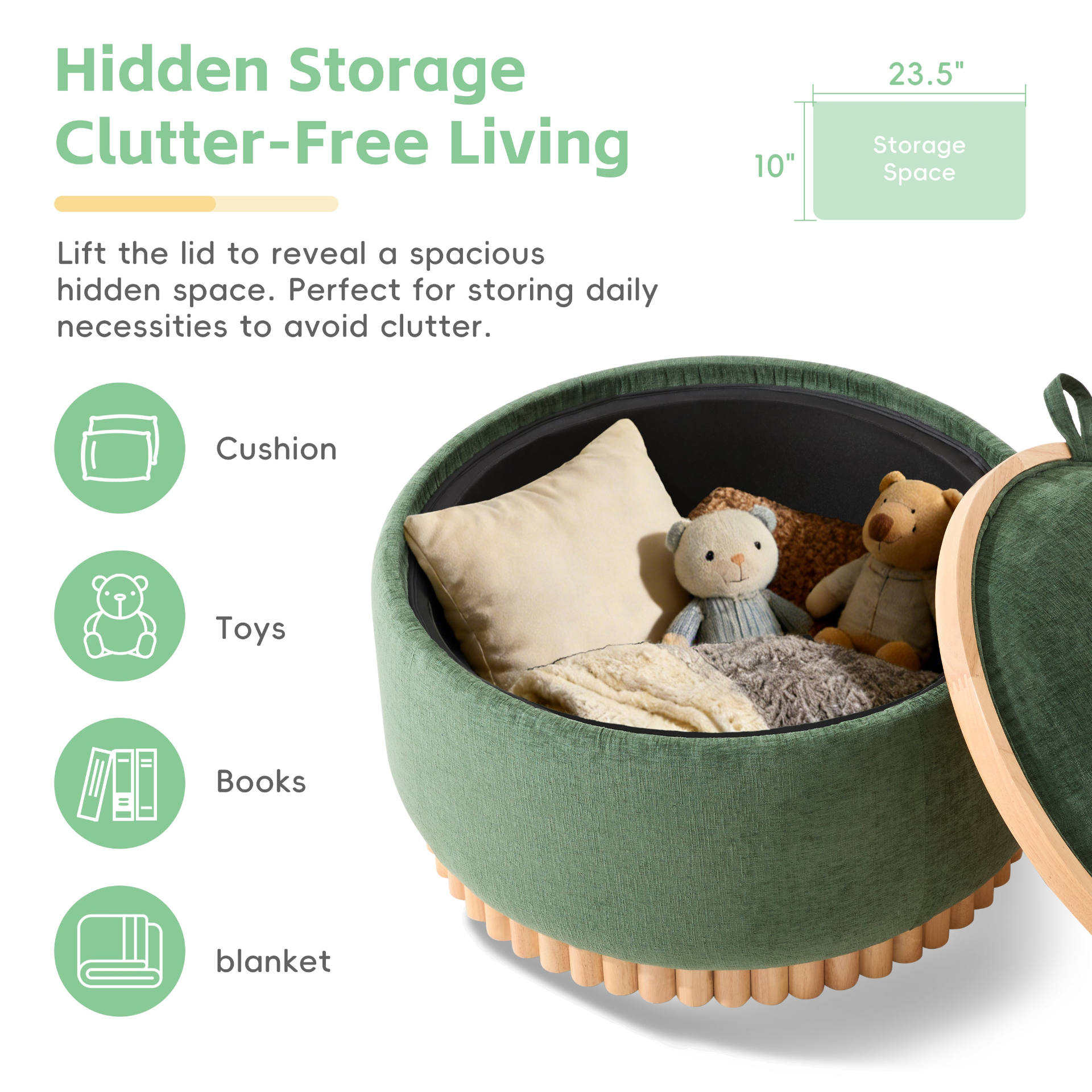 Start2Finish wooden and fabric upholstered ottoman with built-in storage, ideal for living room and lounge spaces.