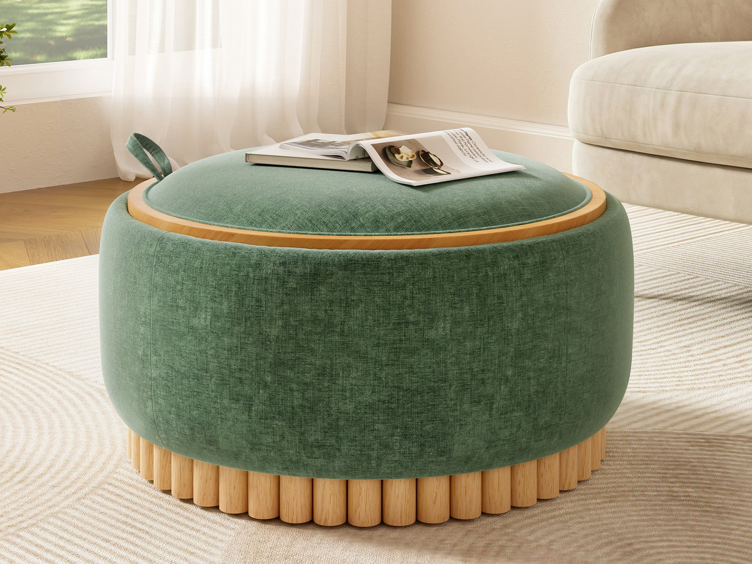 Start2Finish wooden and fabric upholstered ottoman with built-in storage, ideal for living room and lounge spaces.