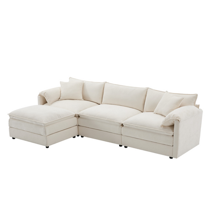 Cream and dark gray chenille sectional sofa with ottoman and modular layout, perfect for living room and lounge spaces.