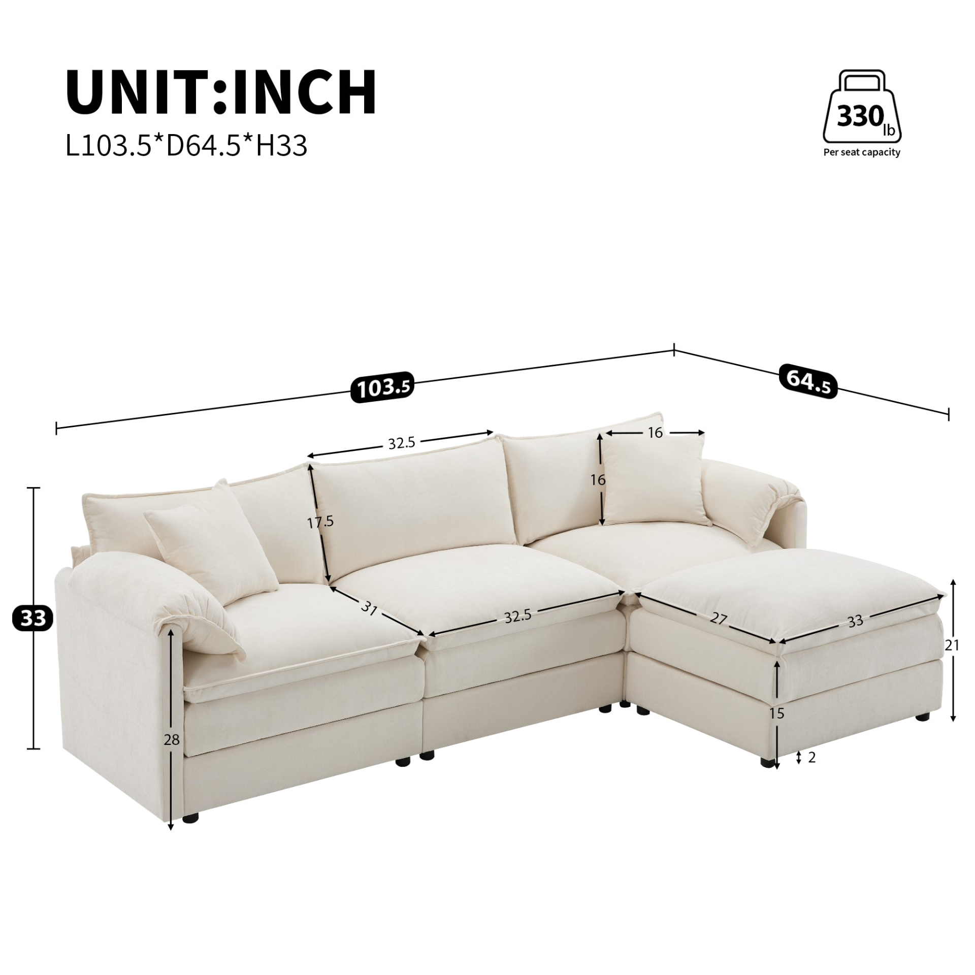 Cream and dark gray chenille sectional sofa with ottoman and modular layout, ideal for living rooms and lounge areas.