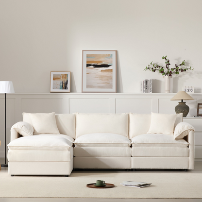 Cream and dark gray chenille sectional sofa with ottoman, modular design for living room and lounge by Start2Finish.
