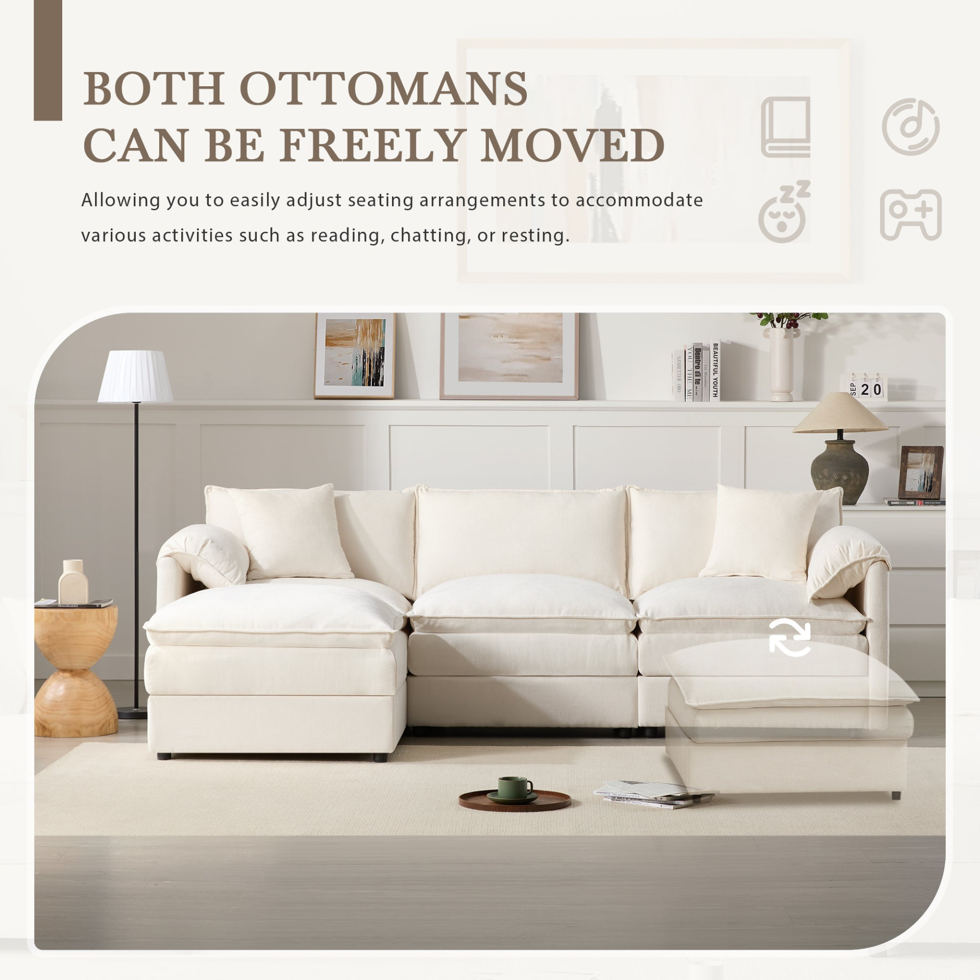 Cream and dark gray chenille sectional sofa with ottoman and modular layout, ideal for living room and lounge areas.
