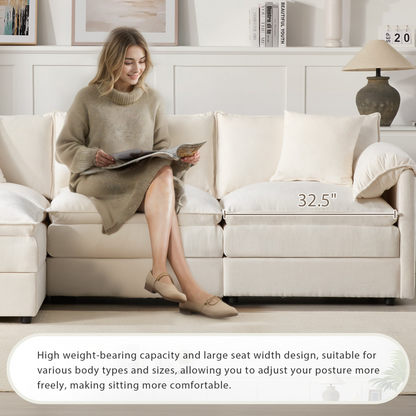 Cream and dark gray chenille sectional sofa with Ottoman, modular layout, perfect for living room and lounge spaces, by Start2Finish.
