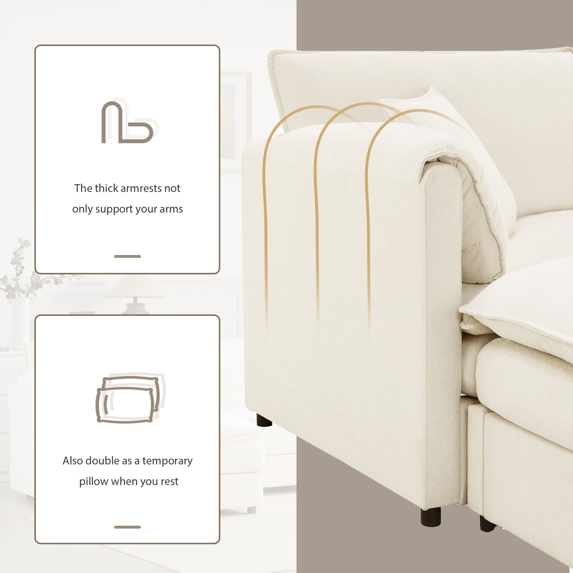 Cream and dark gray chenille sectional sofa with ottoman and modular layout, ideal for living room and lounge spaces.