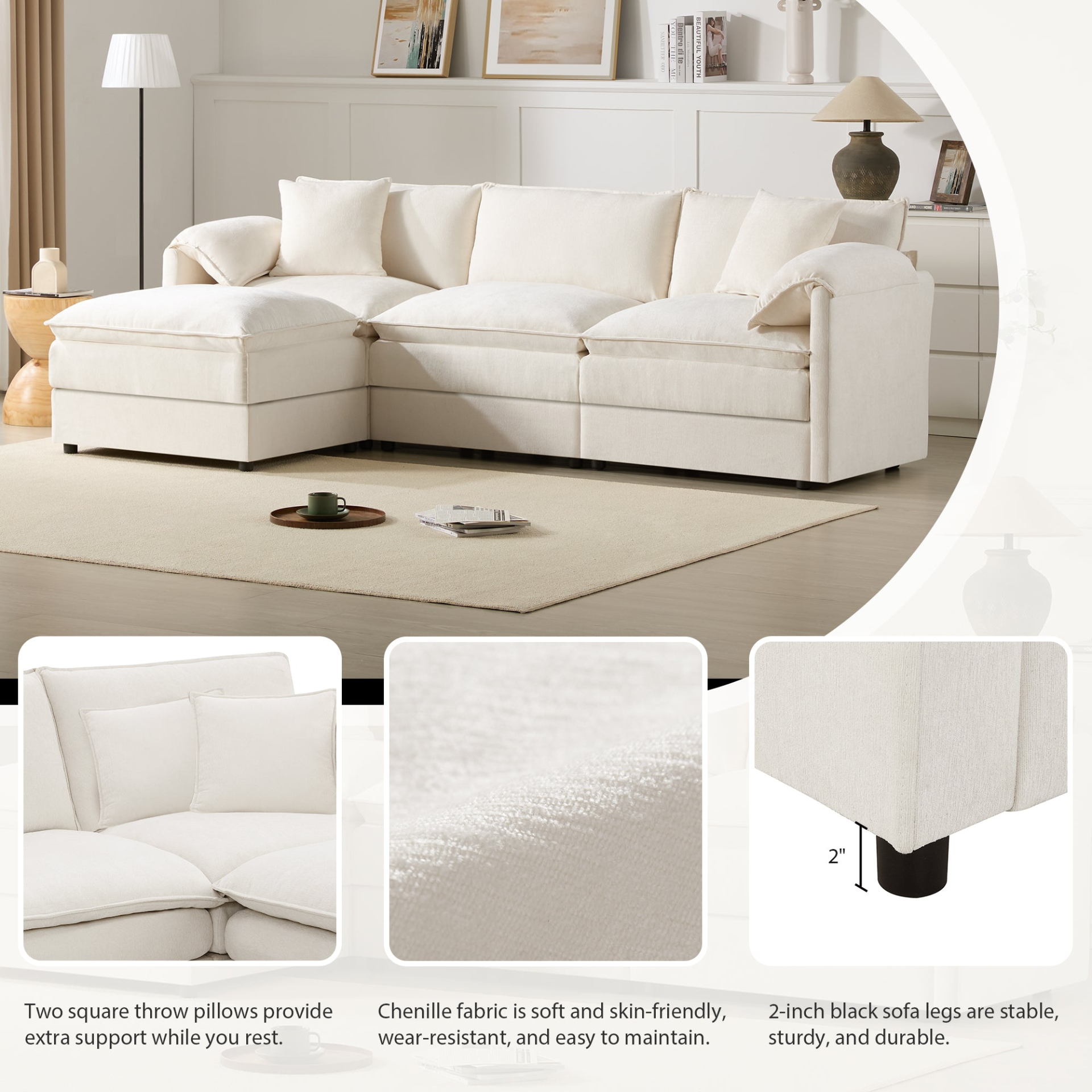 Cream and dark gray chenille sectional sofa with ottoman in modular layout, ideal for living rooms and lounge spaces.