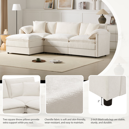 Cream and dark gray chenille sectional sofa with ottoman in modular layout, ideal for living rooms and lounge spaces.