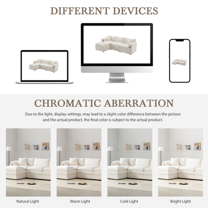 Cream and dark gray chenille sectional sofa with ottoman and modular layout, ideal for living room and lounge spaces.