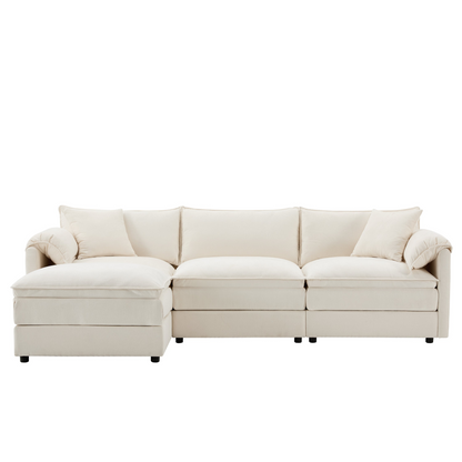 Cream and dark gray chenille sectional sofa with ottoman and modular layout, ideal for living room and lounge spaces.
